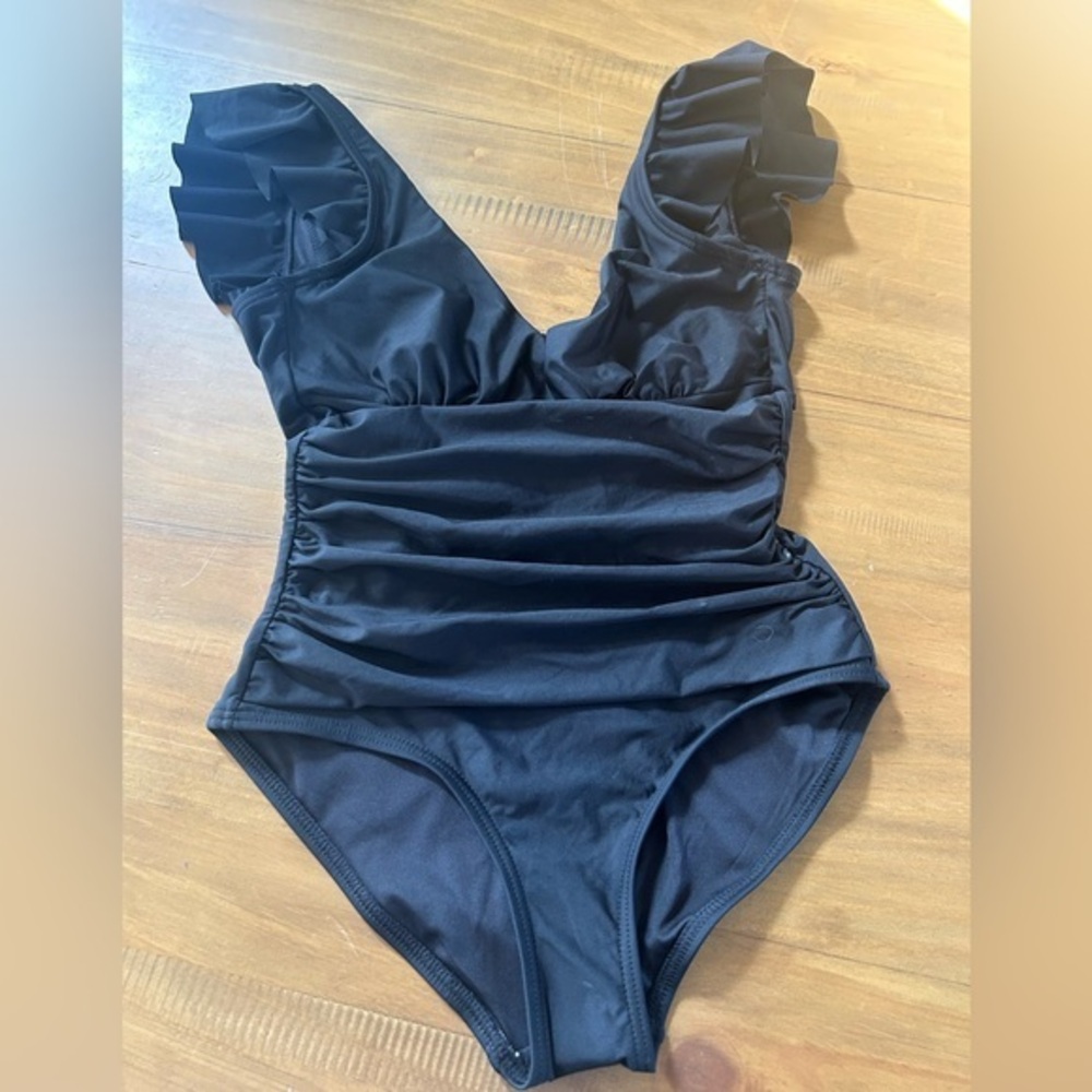 NWOT DKNY Black Ruffled One-Piece Swimsuit